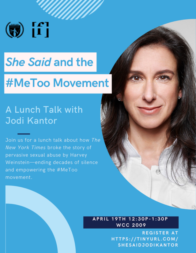 Flyer containing language on webpage and image of Jodi Kantor